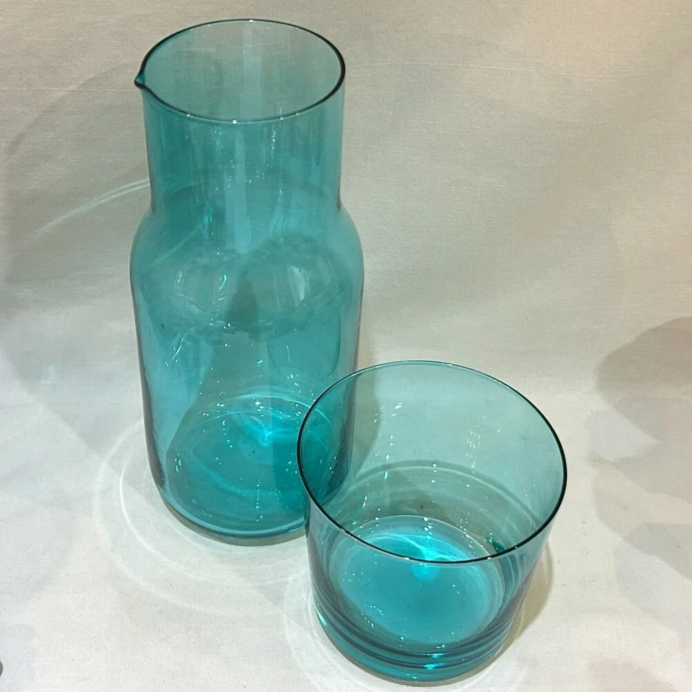Jonathan Adler BIBA Teal Blue Glass Bedside Water Carafe 25 oz & Cup 10 oz Set